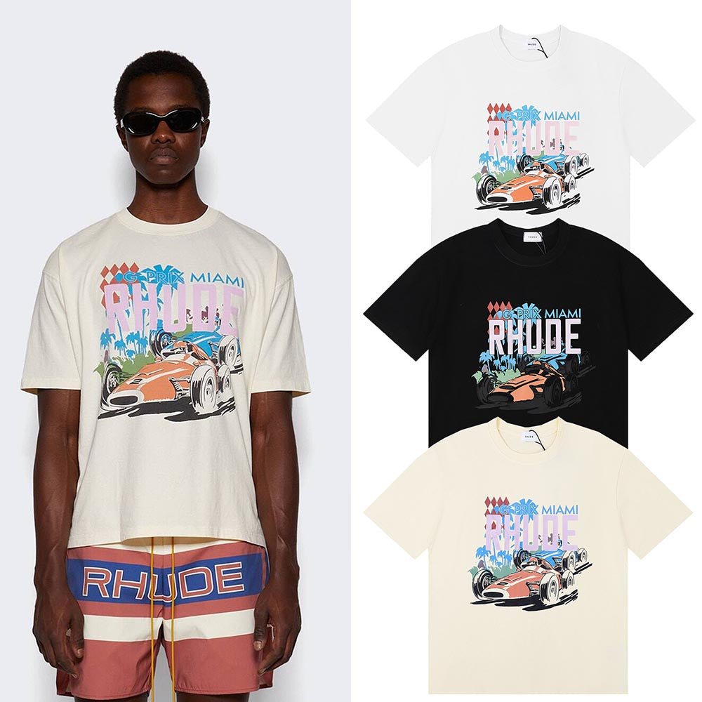 Rhude T-shirts Retro Racing Printed Cotton Casual Short Sleeve Men and Women
