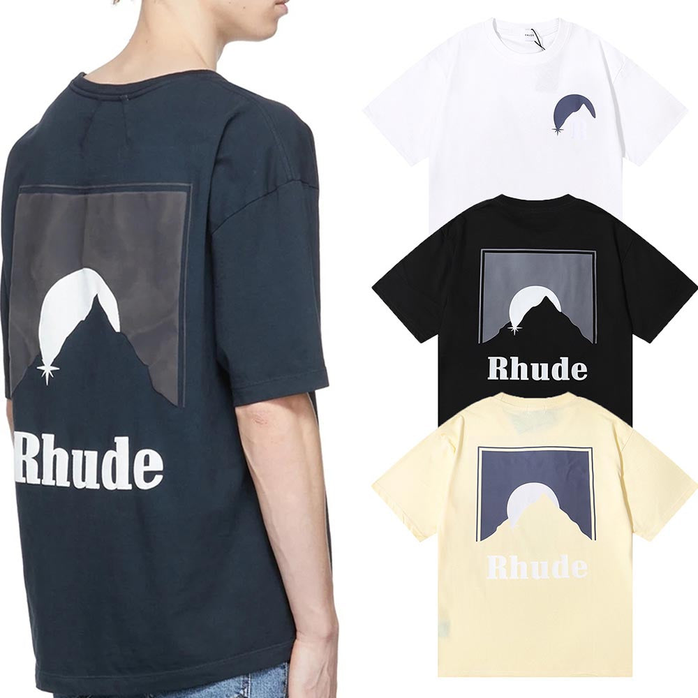 Rhude T-shirts Black Moon Print Loose Casual Short Sleeve Men and Women