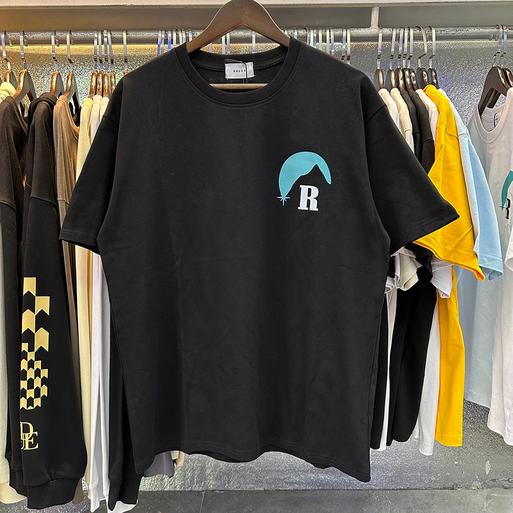 Rhude T-shirts Blue Sunset Print Cotton Casual Short Sleeve Men and Women