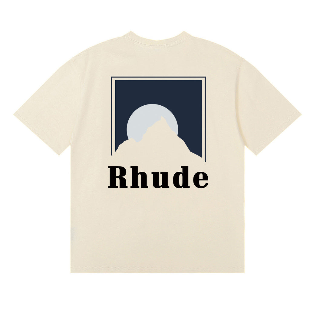 Rhude T-shirts Moonlight Blue Printed Cotton Casual Short Sleeve Men and Women