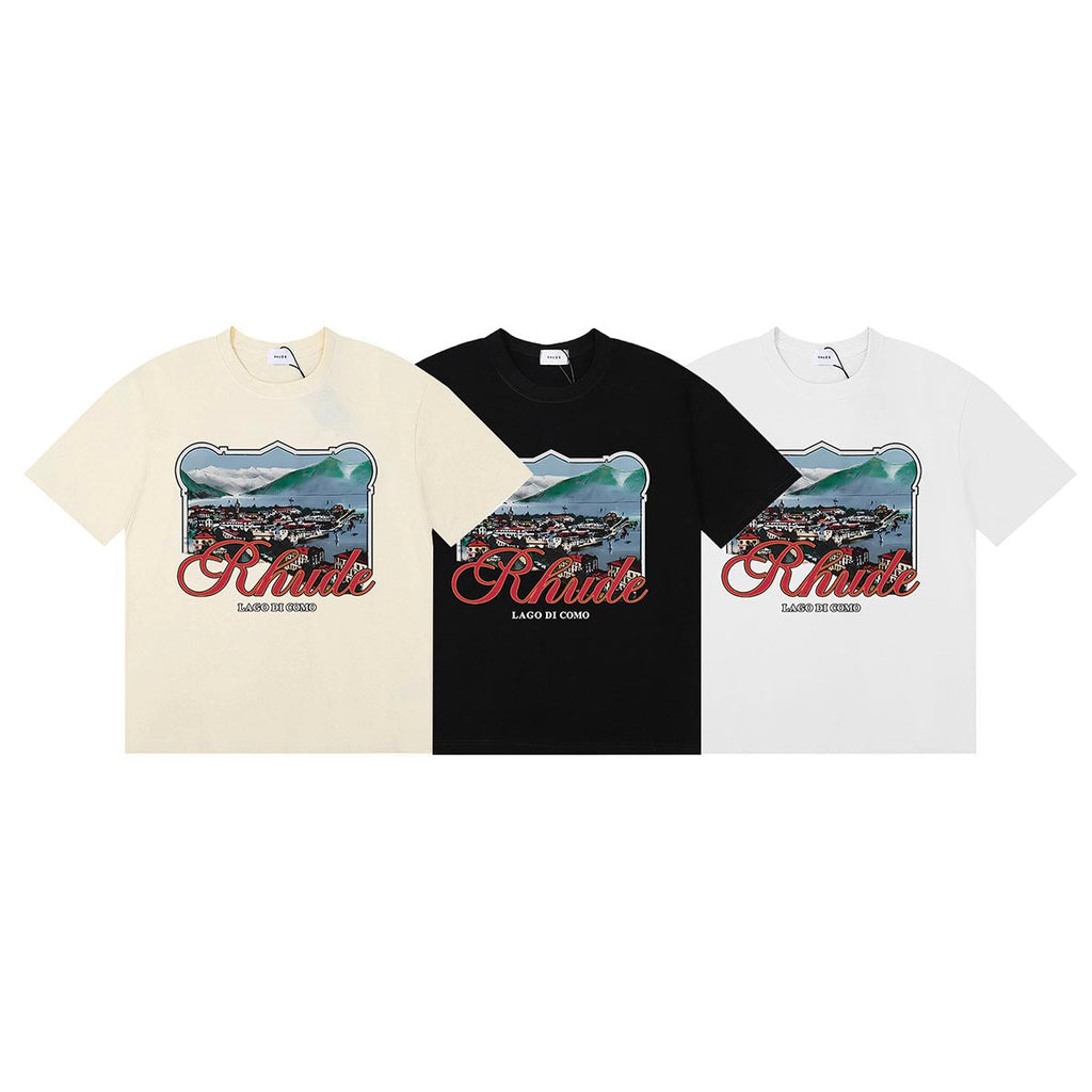Rhude T-shirts Lake Como Lakeside Town Printed Cotton Casual Short Sleeves Men and Women