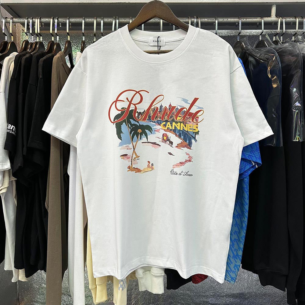 Rhude T-shirts Cannes Beach Coconut Printing Cotton Casual Short Sleeves Men and Women