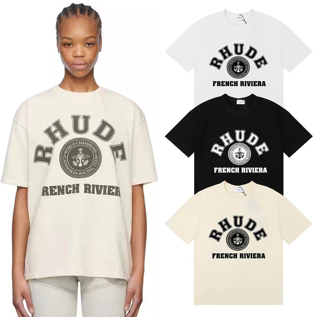 Rhude T-shirts French Cote d'Azur Printed Cotton Casual Short Sleeves Men and Women