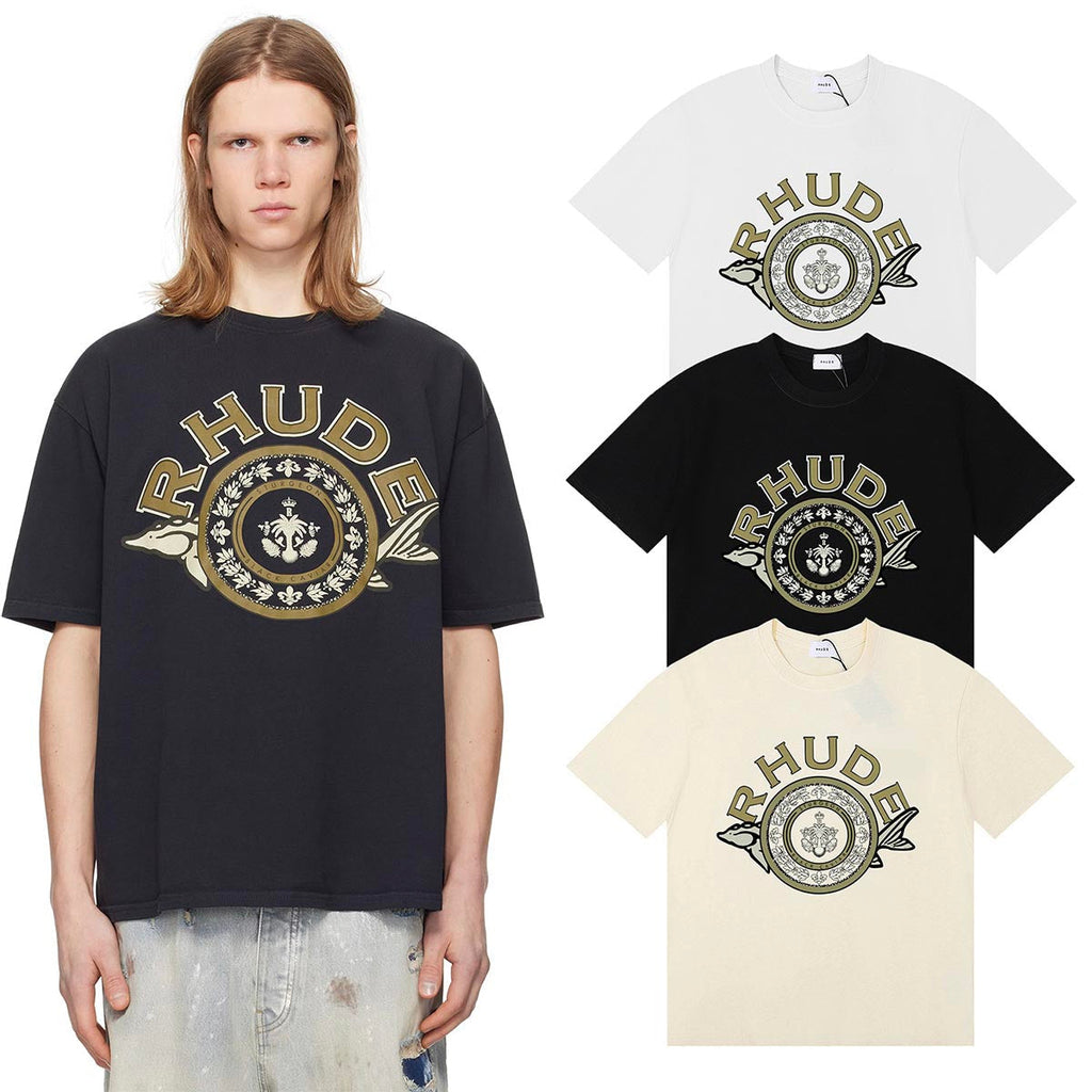 Rhude T-shirts Sturgeon Caviar Printed Cotton Short Sleeves Men and Women