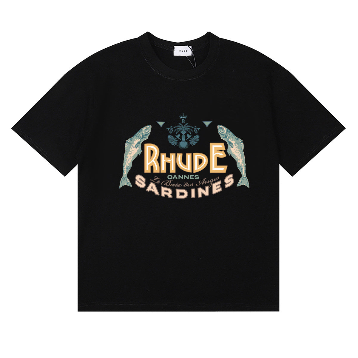 Rhude T-shirts Sardines Badge Printing Cotton Casual Short Sleeve Men and Women