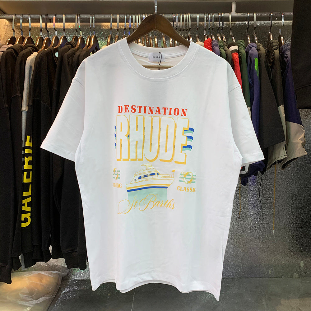 Rhude T-shirts Yacht Printing Cotton Loose Short Sleeves Men and Women
