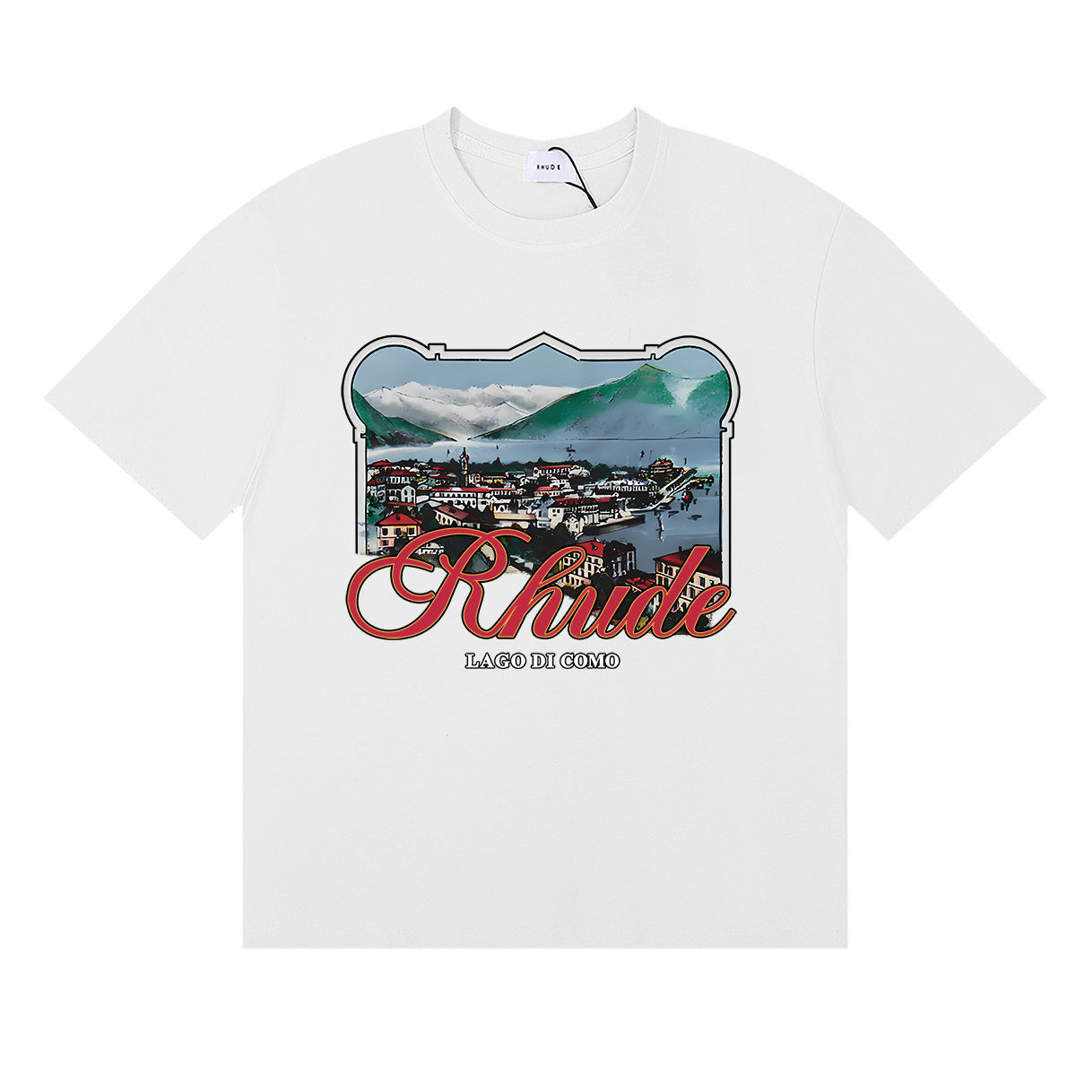 Rhude T-shirts Lake Como Lakeside Town Printed Cotton Casual Short Sleeves Men and Women