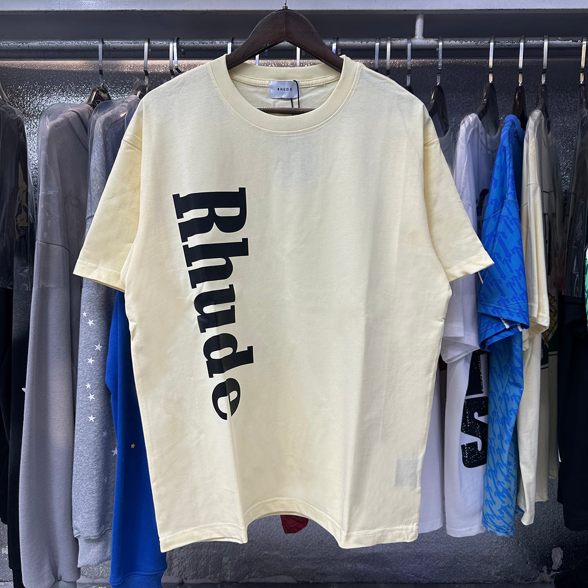 Rhude T-shirts Vertical Solid Color Printed Cotton Casual Short Sleeve Men and Women