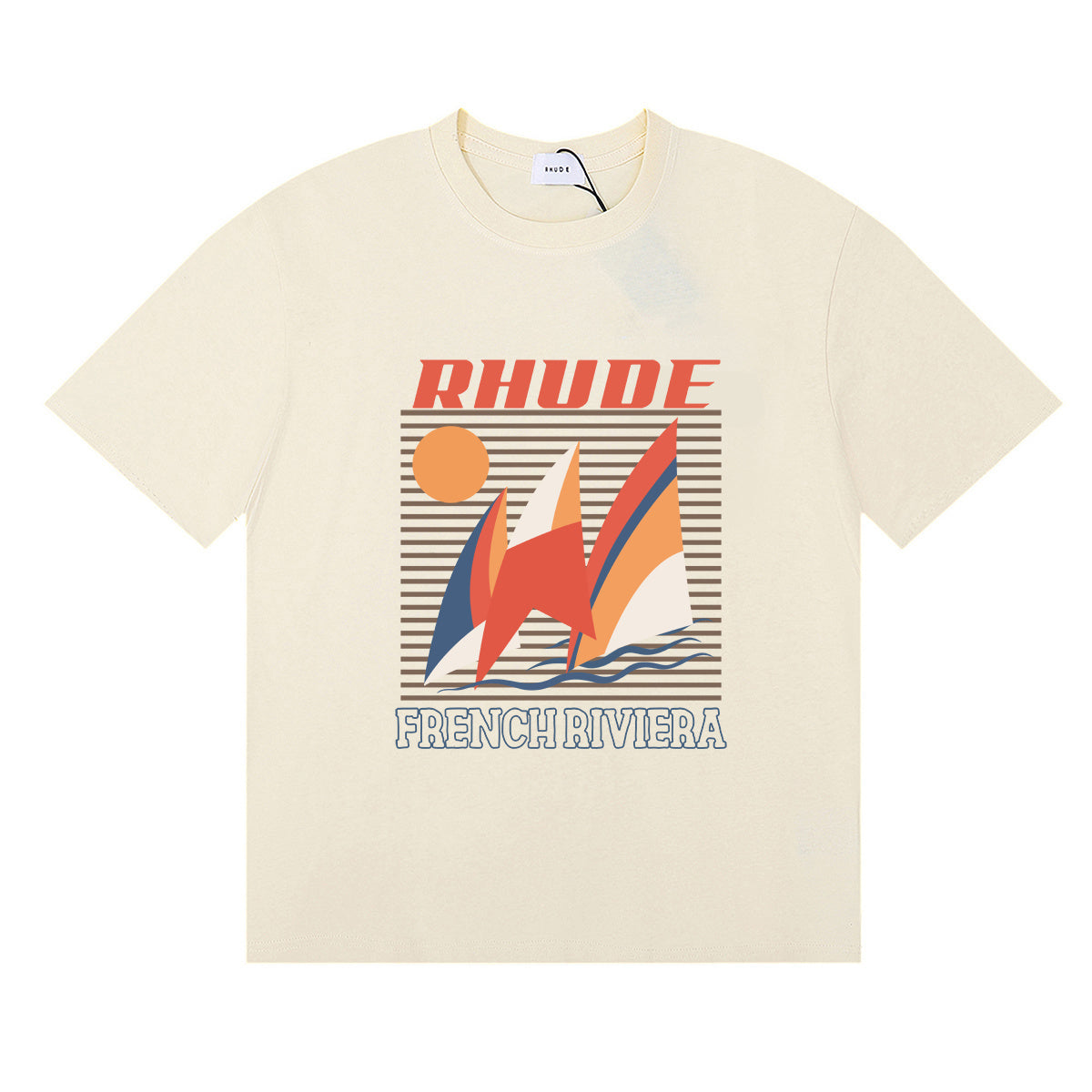 Rhude T-shirts Sailing Sunset Print Cotton Casual Crew Neck Short Sleeve Men and Women