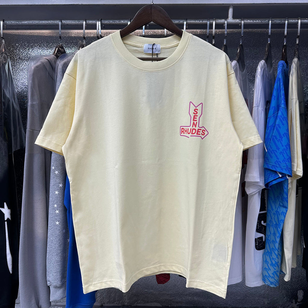 Rhude T-shirts Sunday Morning Fever Pink Arrow Print Men's and Women's Crew Neck Short Sleeves