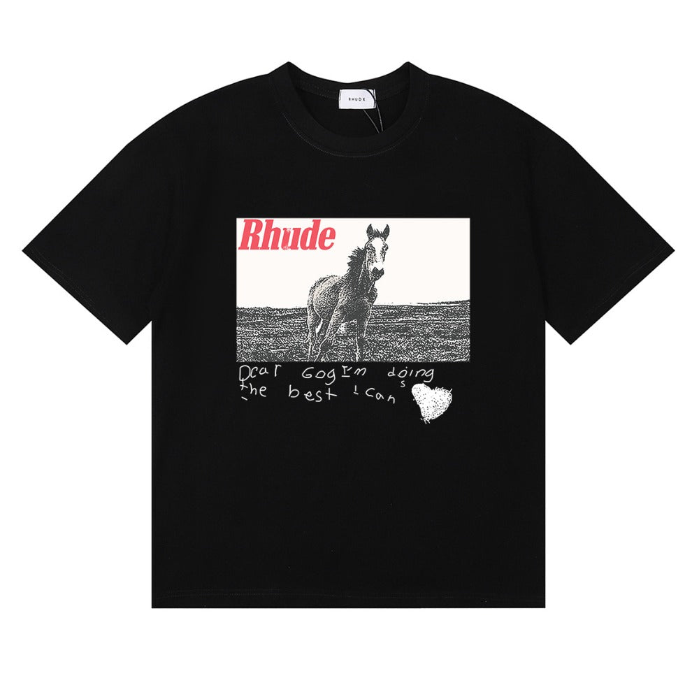 Rhude T-shirt Micro Label Alphabet Horse Print Short Sleeve T-shirt