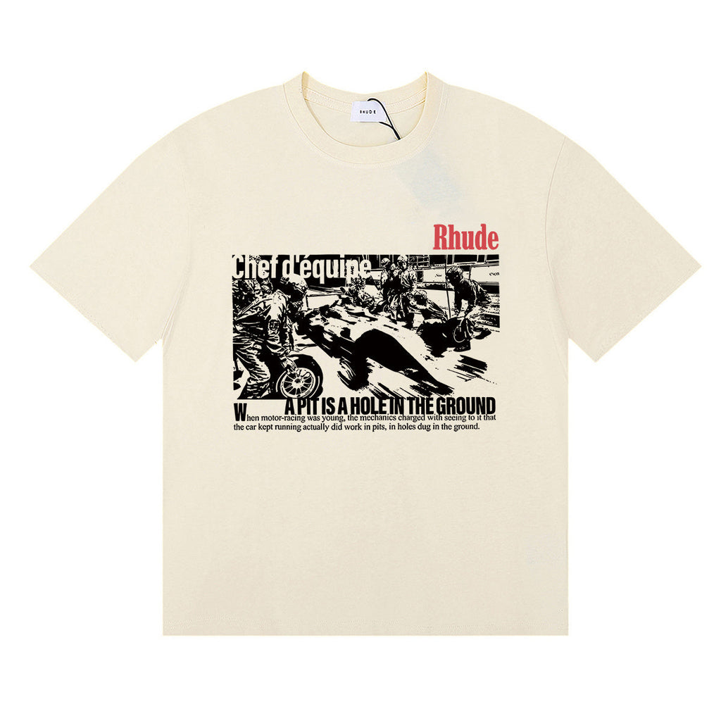 Rhude T-shirts Racing Tire Change Scene Printed Cotton Casual Short Sleeves Men and Women