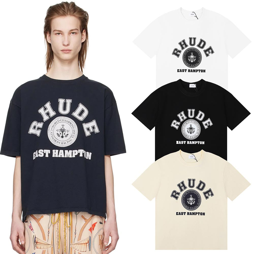 Rhude T-shirts Solid Color Pattern Printed Cotton Casual Short Sleeve Men and Women