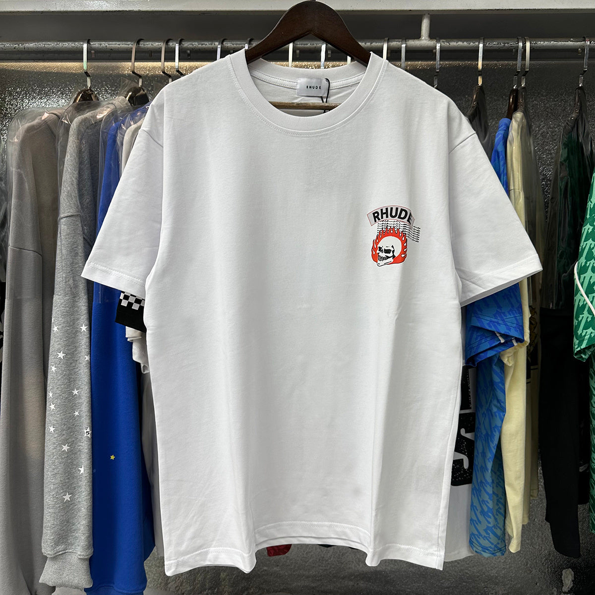 Rhude T-shirts Flame Death Knight Skull Print Cotton Casual Short Sleeve Men and Women