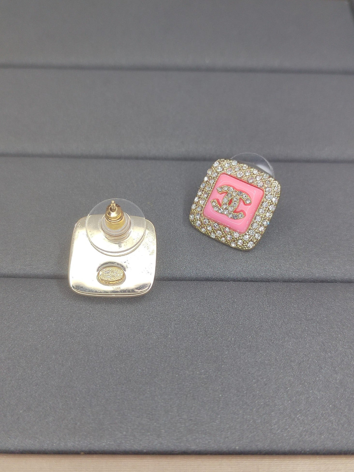 Chanel Diamond Square Pink 18K Gold Earrings