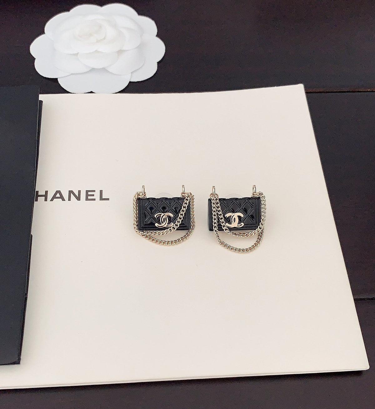 Chanel Black Bag Pendant 18K Gold Earrings