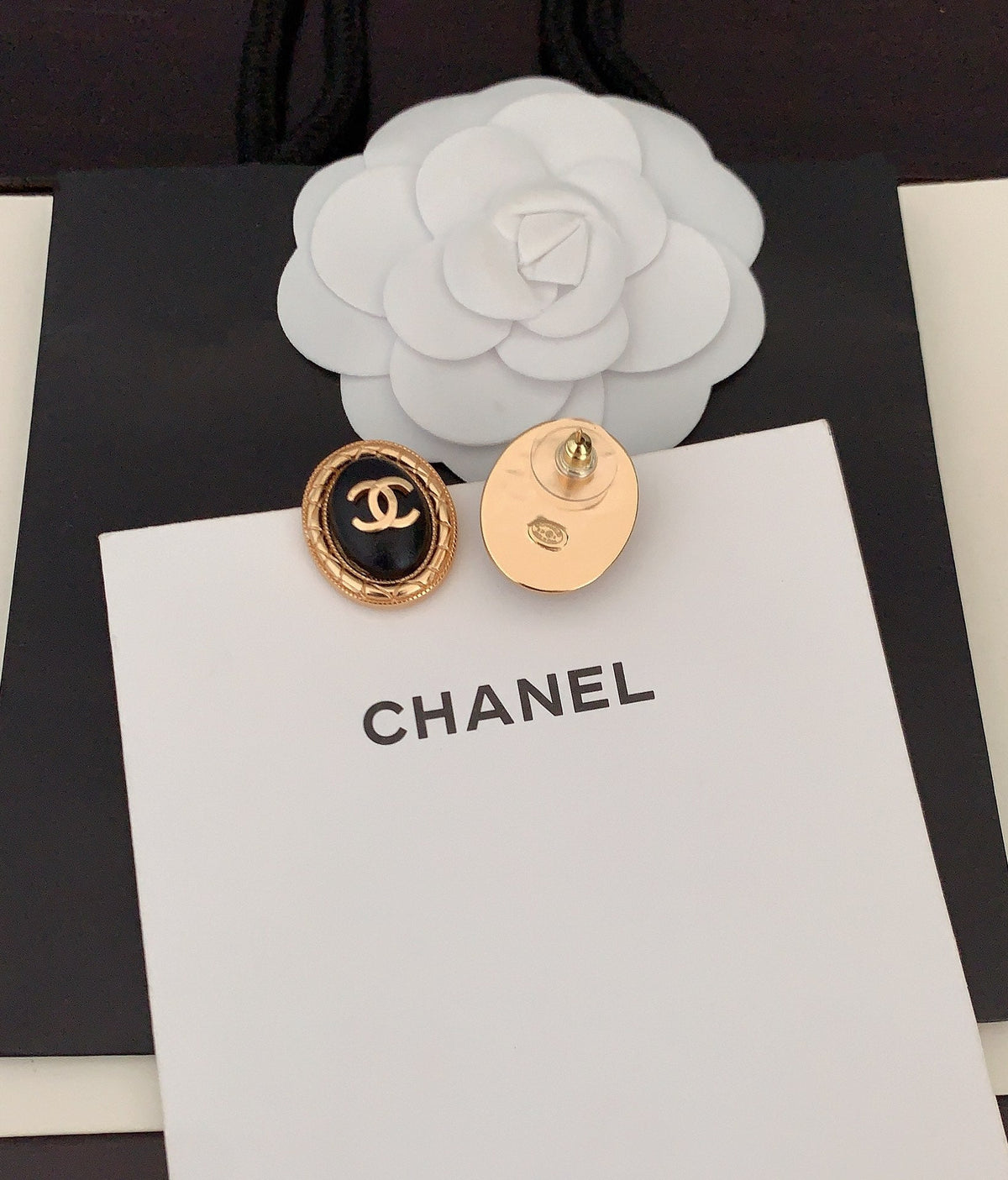 Chanel Oval Leather 18K Gold Earrings